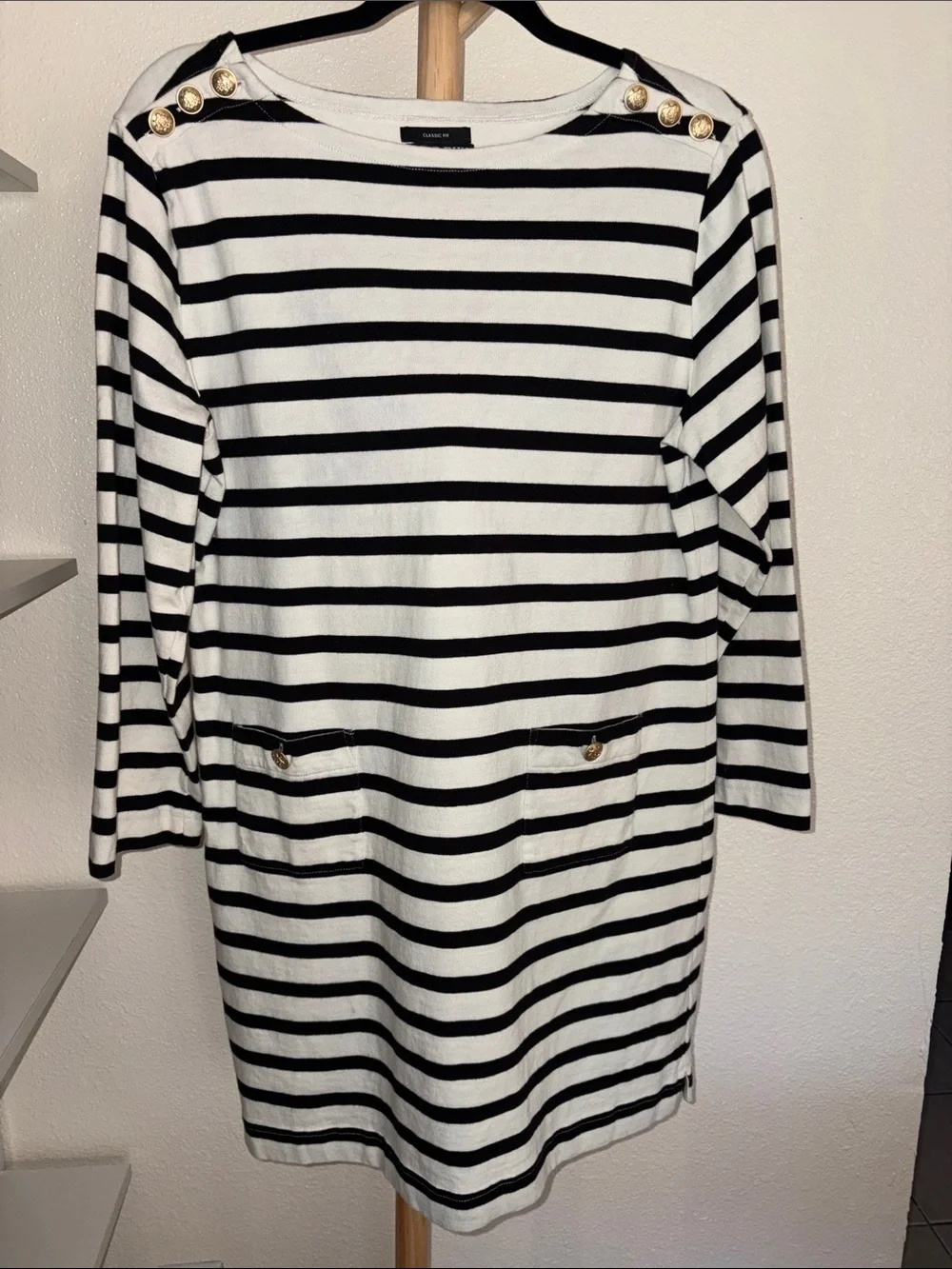 J. Crew 100% Cotton Black and White Boatneck Dress with Gold Buttons